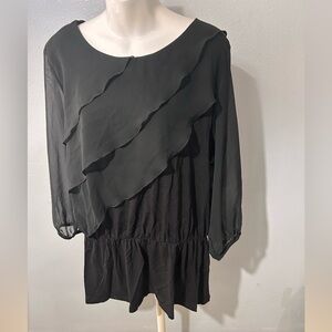 Chico’s black jersey knit sheer chiffon ruffle top size 2